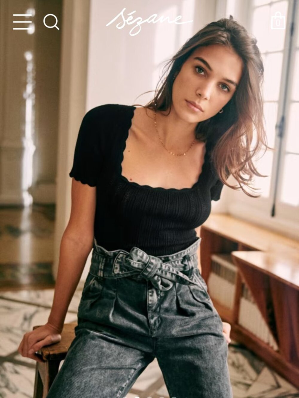 SEZANE💕 Austin Belted Paperbag Denim Trousers in washed gray denim